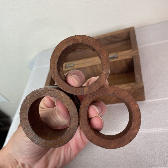 Vintage JCS Co Hand Carved Wood Elephant Napkin Rings Set Of 6 With Wooden Box - Picture 15 of 16